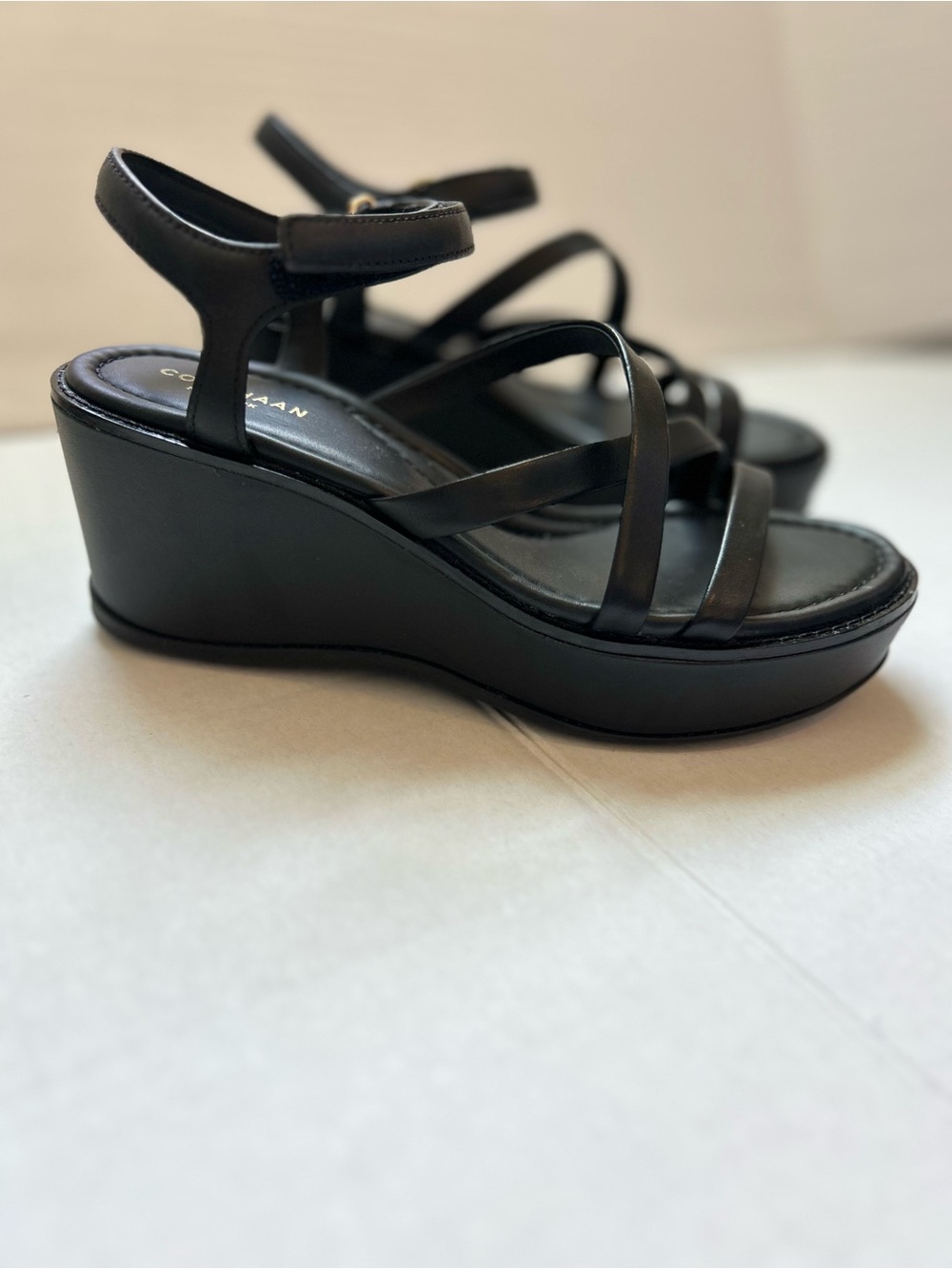 Cole Haan Grand Ambition Azzura Strappy Wedge Sandals in Black Leather